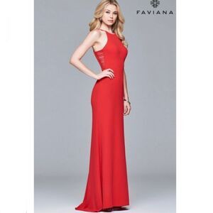 FAVIANA GLAMOURย Red Column PromโFormal Dress with Side Cutoutsโ S7913, Sizeโ10